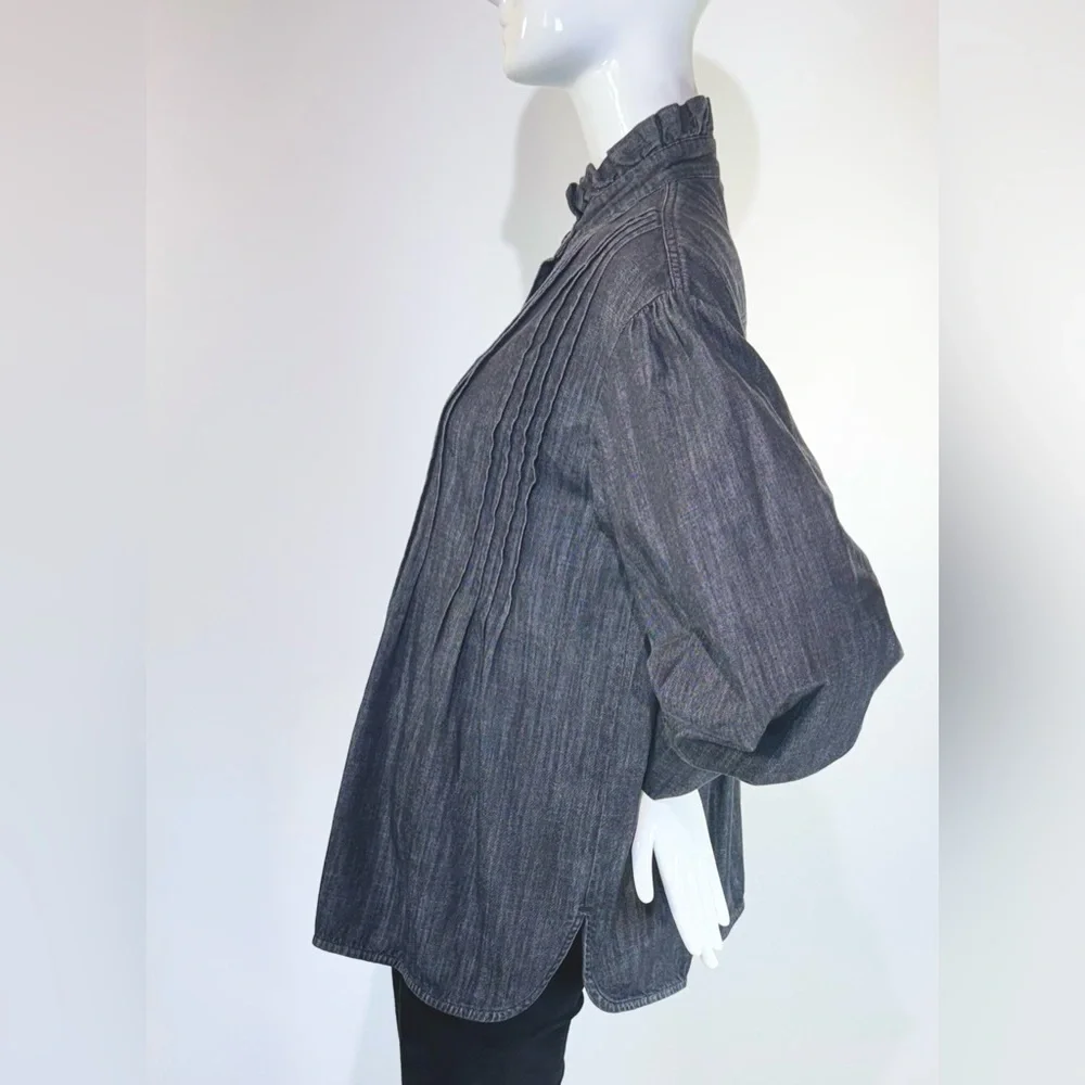SEE BY CHOLÉ Ash Black Cotton Ruffled Denim Mock Neck Long Sleeves Shirt Size:S - Picture 2 of 11